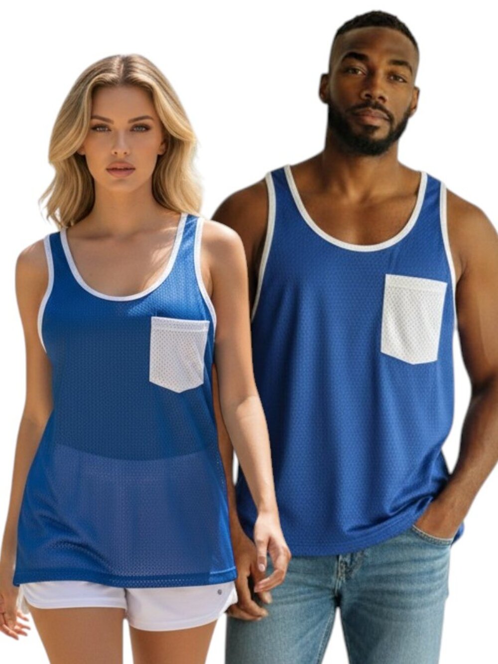 American Apparel Mesh Tank Top Unisex Small Blue White Trim Pocket USA